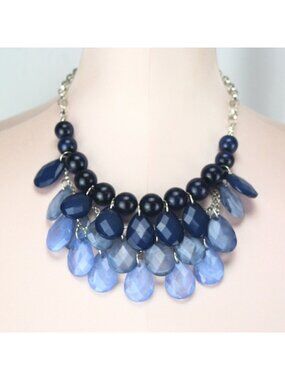 Color Necklace 18"-21" Silver Tone with Blue Teardrop Beads